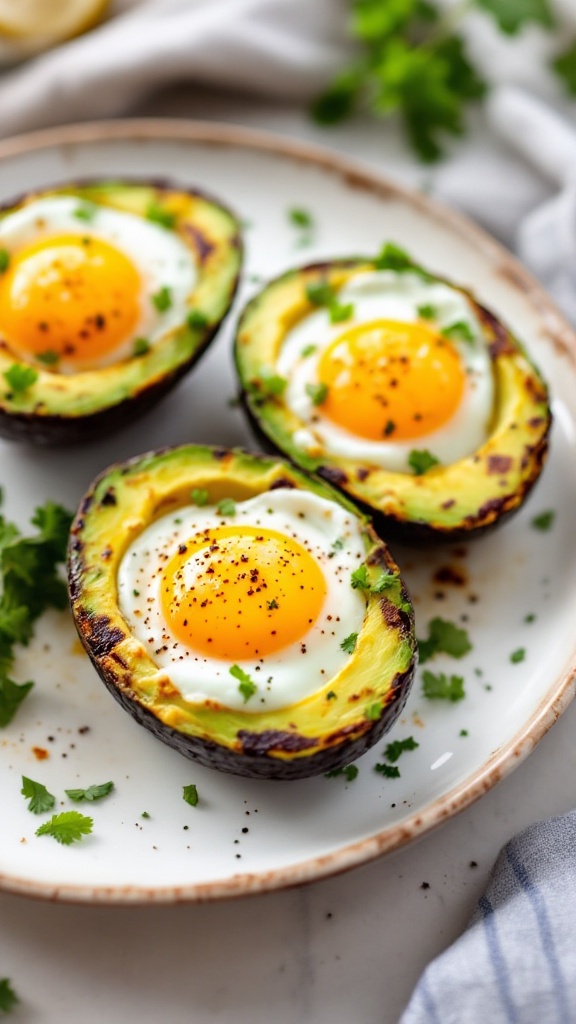 Baked avocado eggs on a plate garnished with herbs