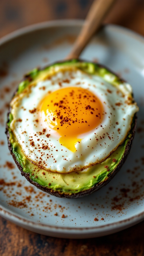 Baked avocado with a sunny-side-up egg topped with seasoning on a plate.