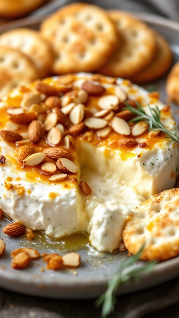 Baked Brie cheese topped with almonds, served with crackers