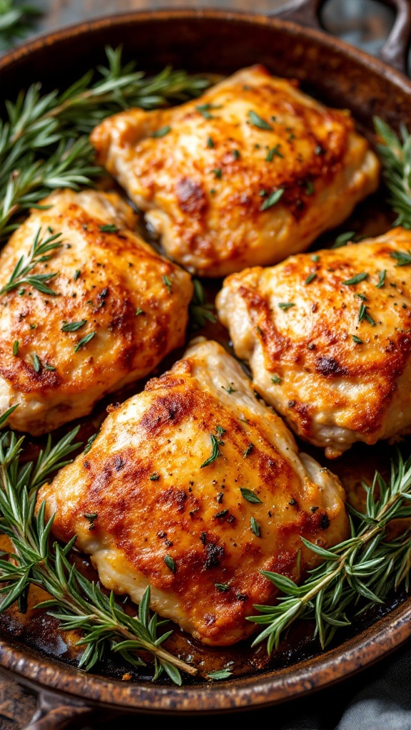 Golden baked chicken thighs garnished with herbs in a rustic dish.