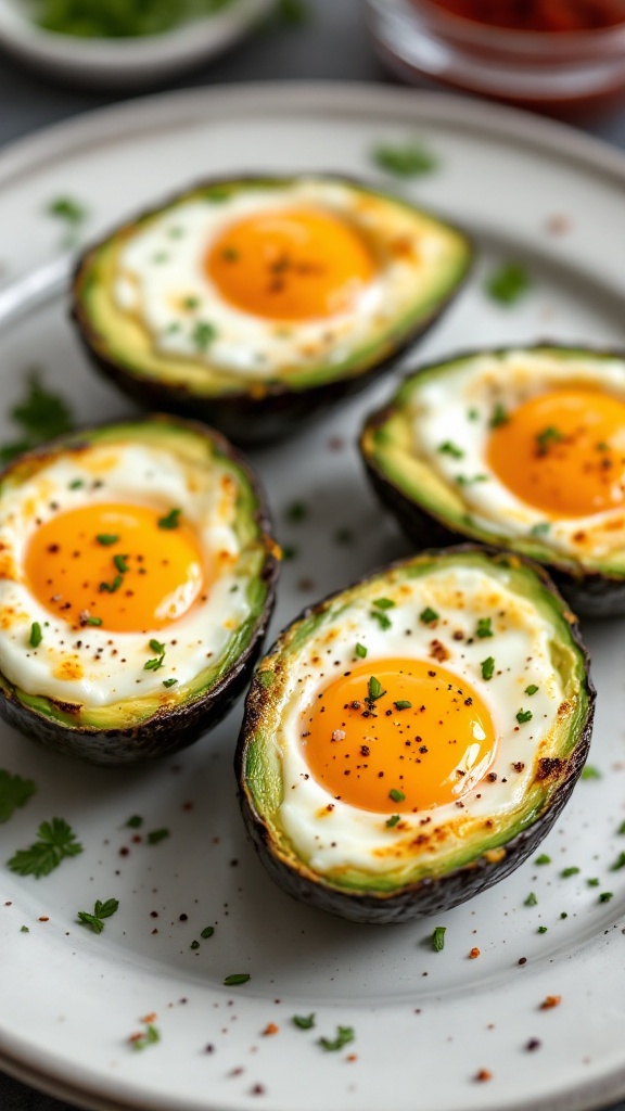 Baked eggs in avocado halves topped with herbs and spices