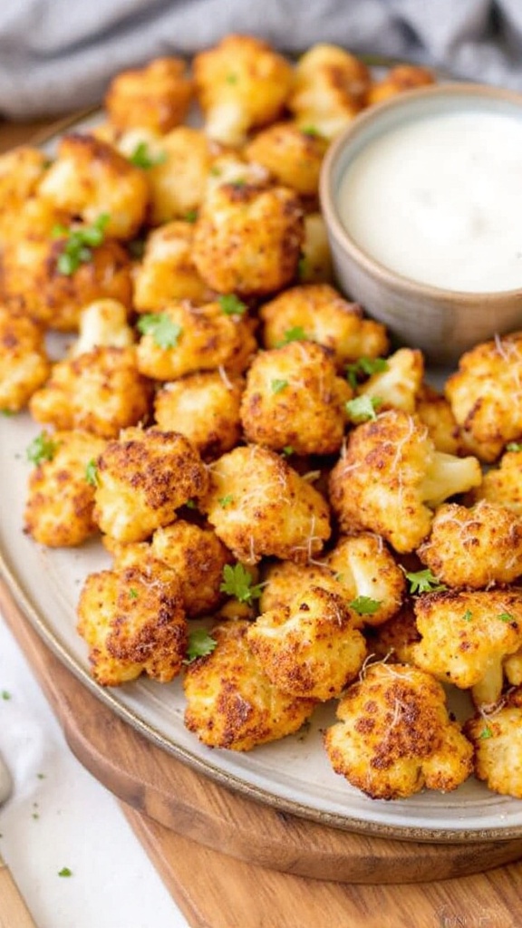 Plate of golden-brown Baked Parmesan Cauliflower Bites with a small bowl of dipping sauce