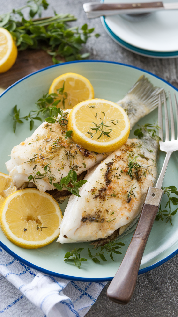 Baked tilapia with lemon slices and herbs on a plate