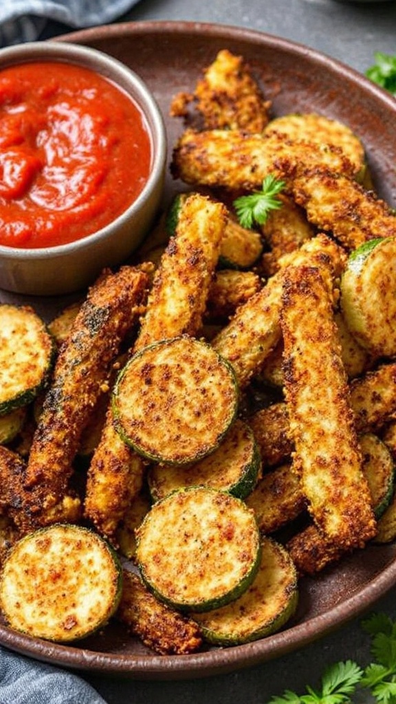 Baked zucchini fries served with marinara sauce.