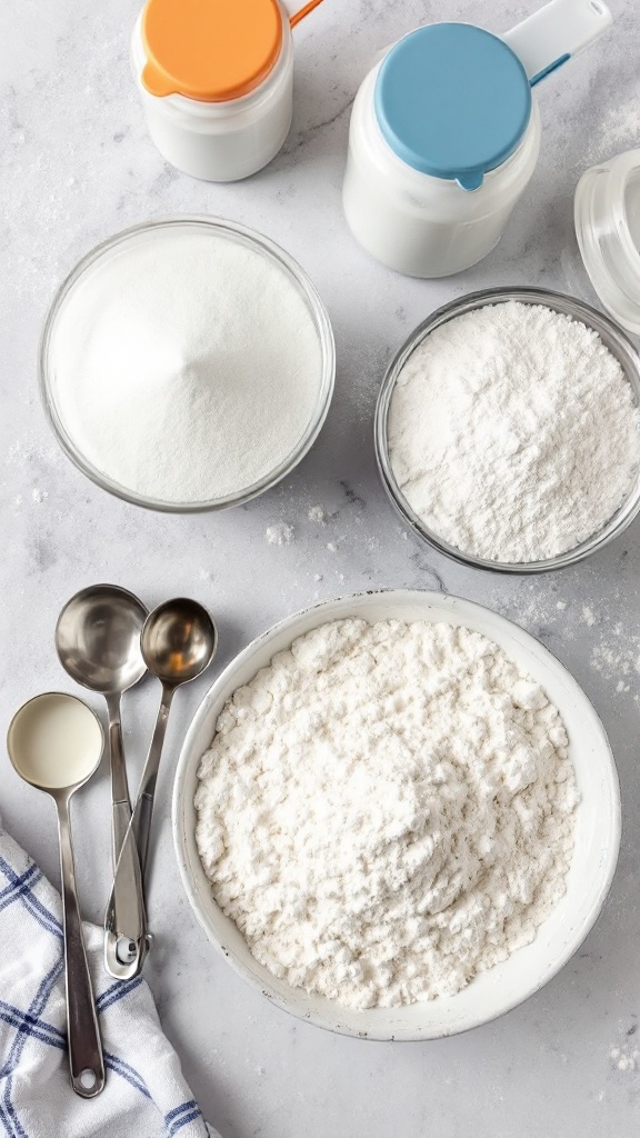 A collection of baking ingredients including flour, sugar, baking powder, and baking soda, with measuring spoons.