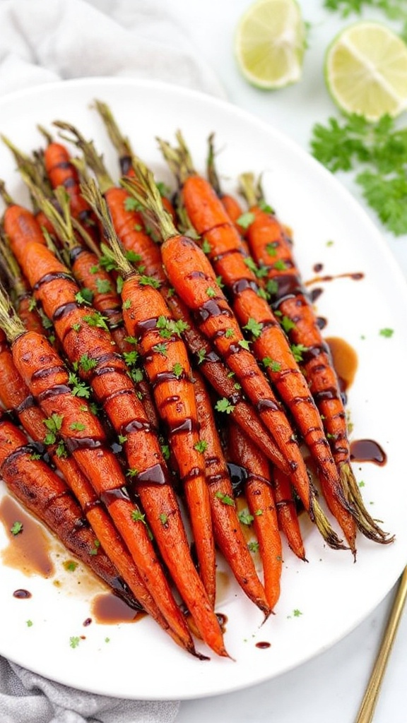 A plate of balsamic glazed roasted carrots garnished with herbs and served with lime wedges.