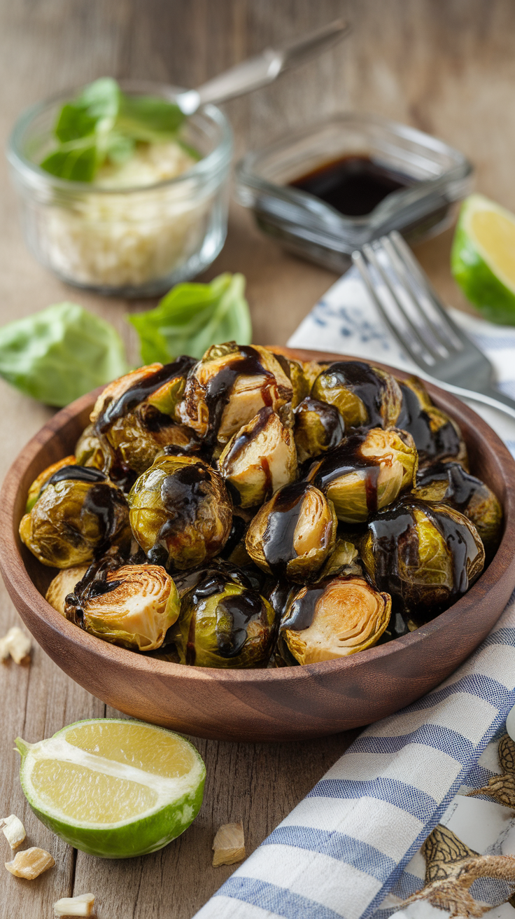 A bowl of balsamic roasted Brussels sprouts with lime slices and ingredients in the background