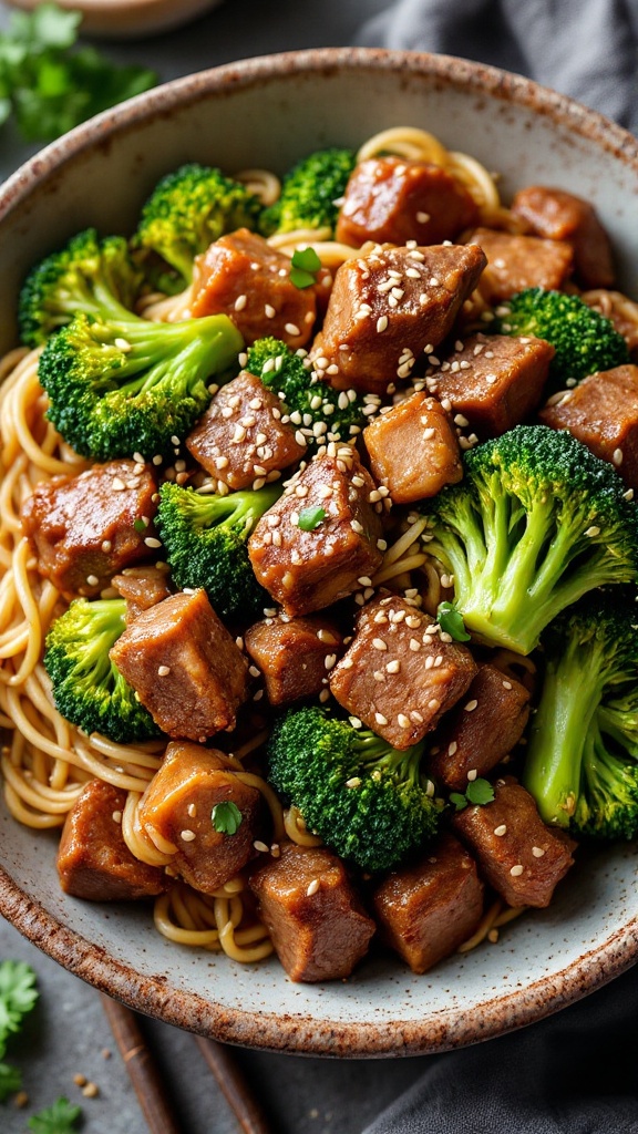 A bowl of beef and broccoli stir-fry with noodles and sesame seeds on top.