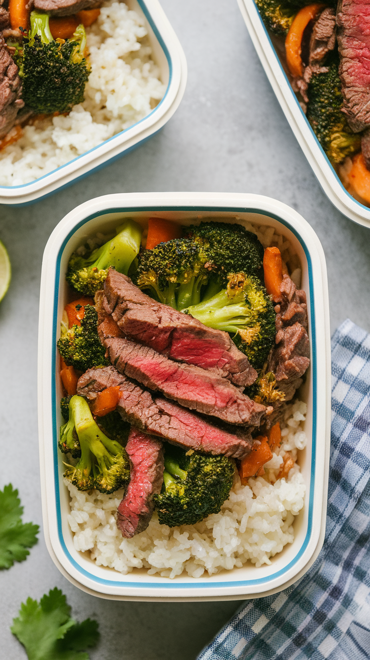 A delicious beef and broccoli stir-fry served over rice in a meal prep container.