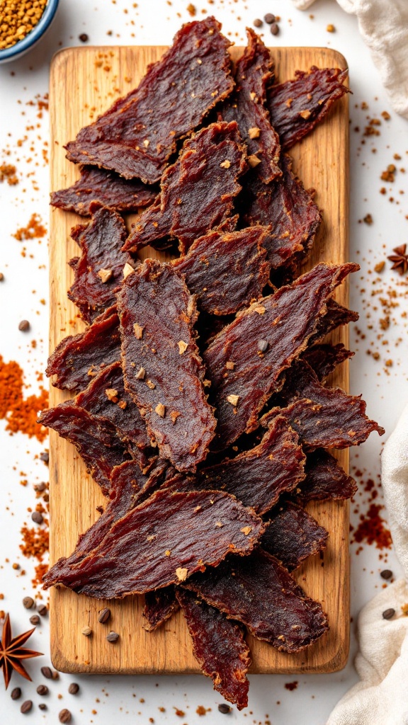 A wooden platter filled with slices of beef jerky, surrounded by spices and ingredients.