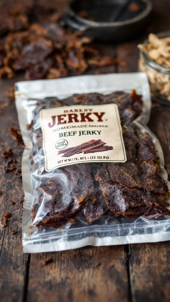 A bag of beef jerky on a wooden surface with some jerky pieces scattered around.