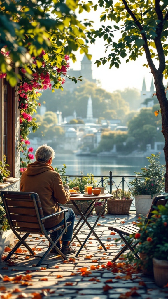 A person enjoying a peaceful meal outdoors, surrounded by nature and flowers.