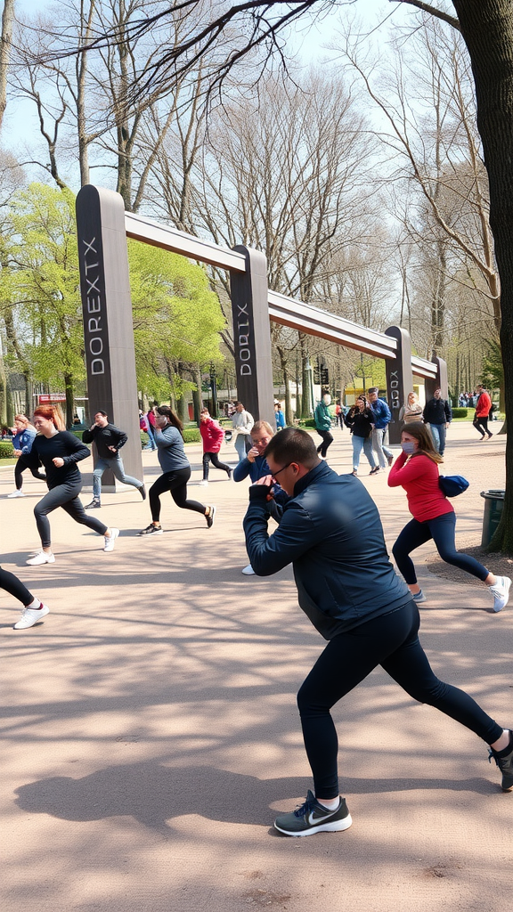 Group of people exercising outdoors in a park.