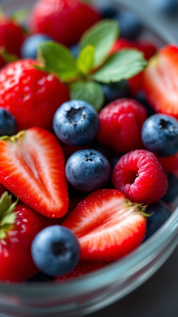 A fresh bowl of strawberries, blueberries, and raspberries with mint leaves