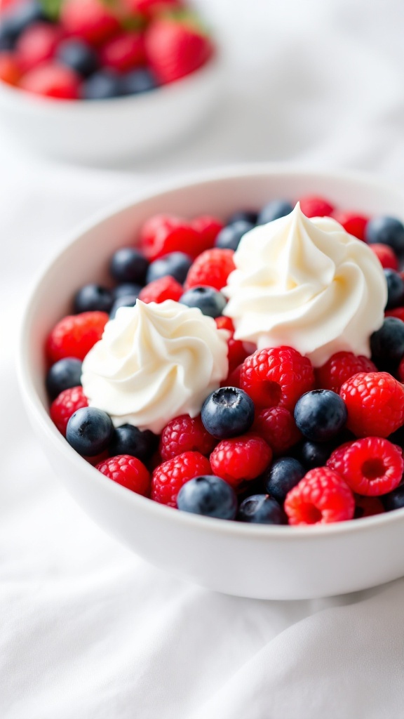 A bowl filled with fresh raspberries, blueberries, and topped with whipped cream