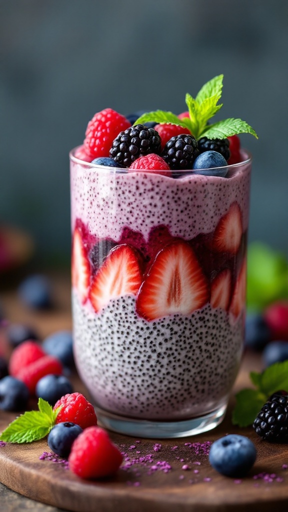 A vibrant glass of berry chia seed pudding topped with fresh berries and mint leaves.