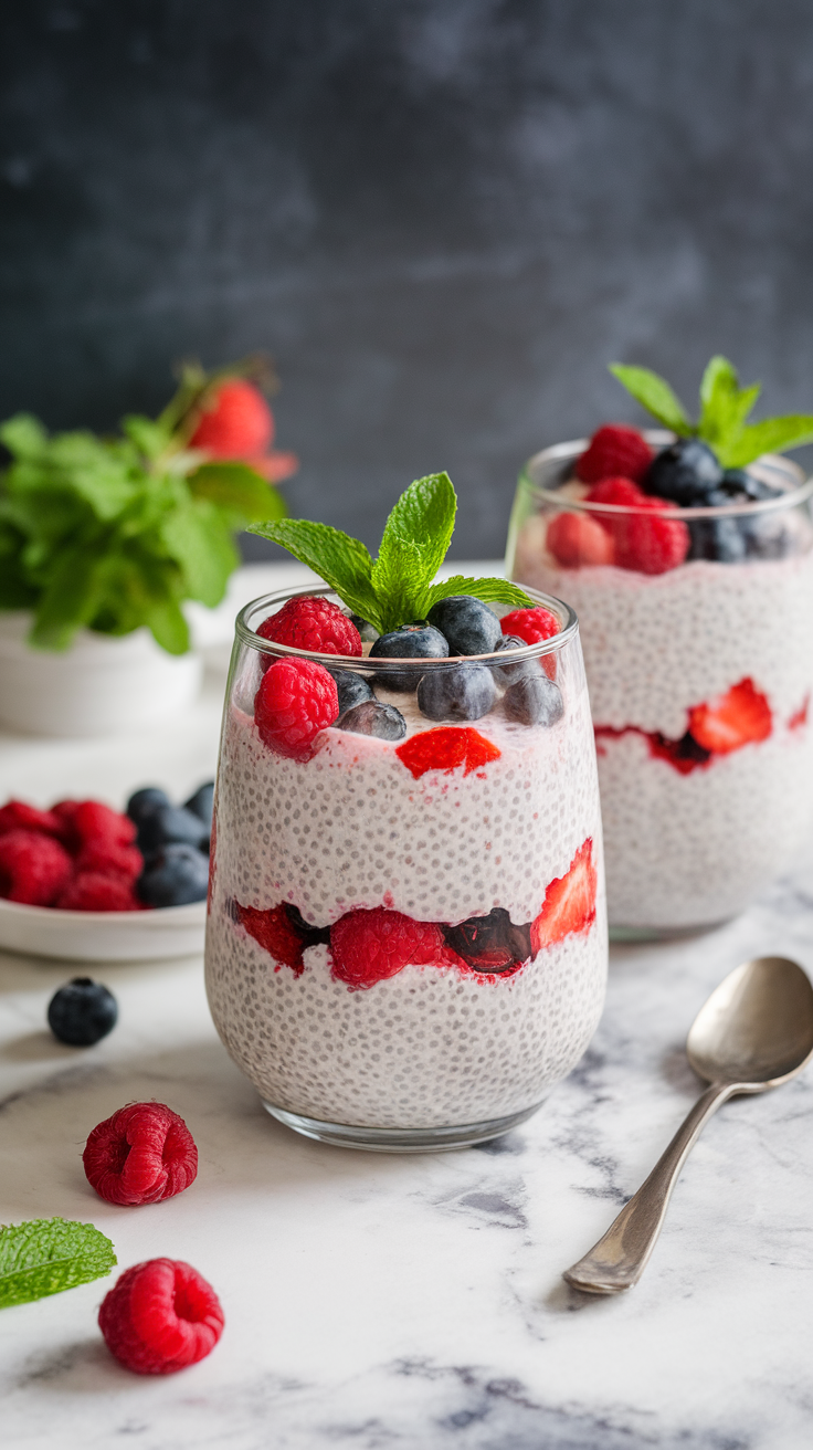 Two glasses of berry chia seed pudding topped with raspberries, blueberries, and mint leaves.