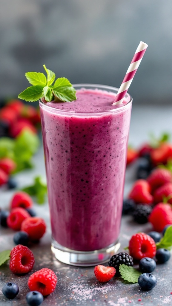 A glass of berry smoothie with spinach, garnished with a mint leaf and surrounded by fresh berries.
