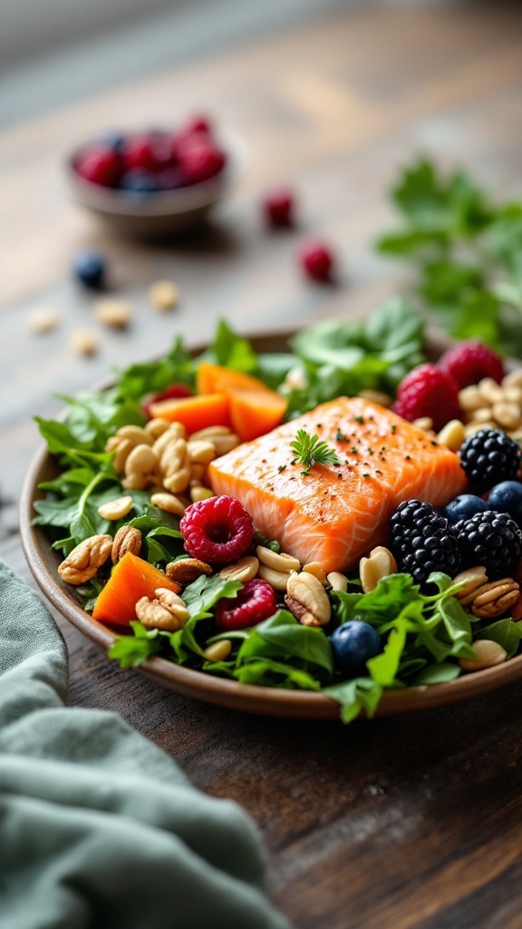 A healthy plate with salmon, fresh greens, and assorted berries