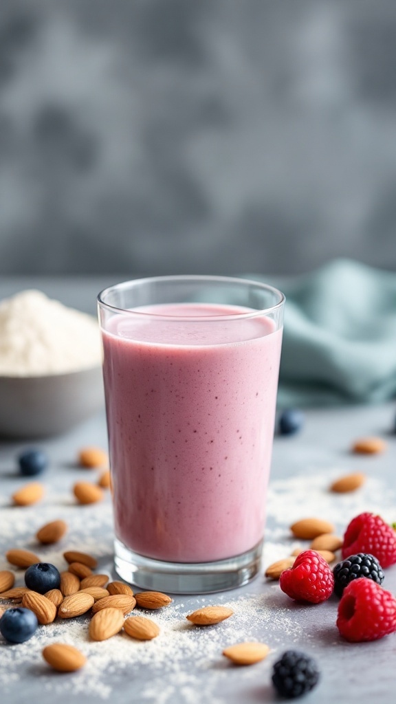 A glass of pink protein smoothie surrounded by fresh berries and almonds.