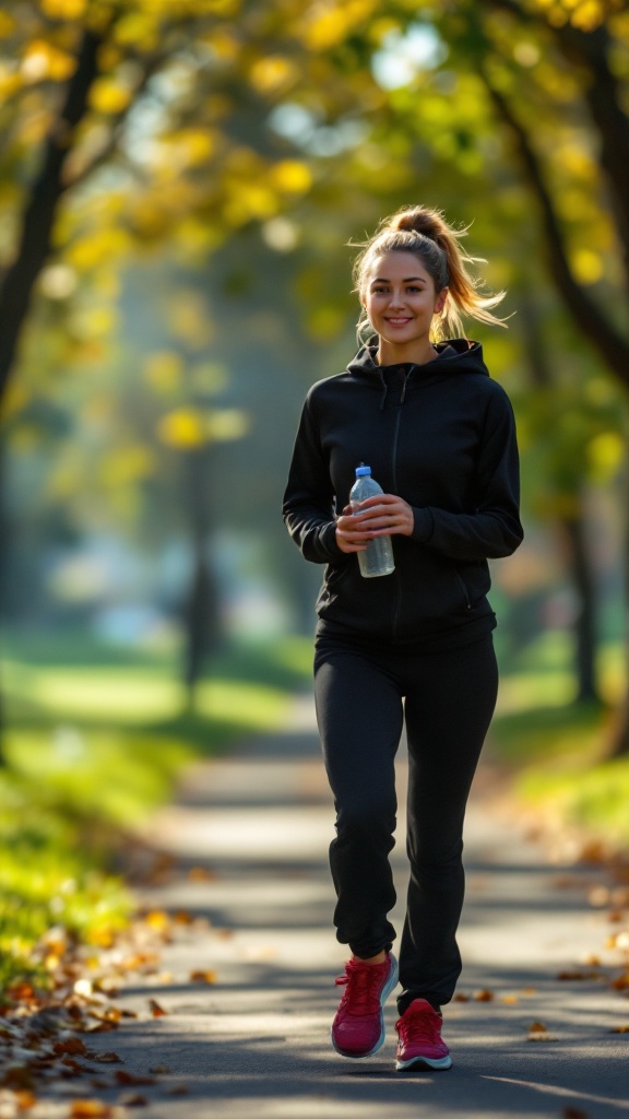 A person walking on a path surrounded by trees, carrying a backpack and a water bottle.