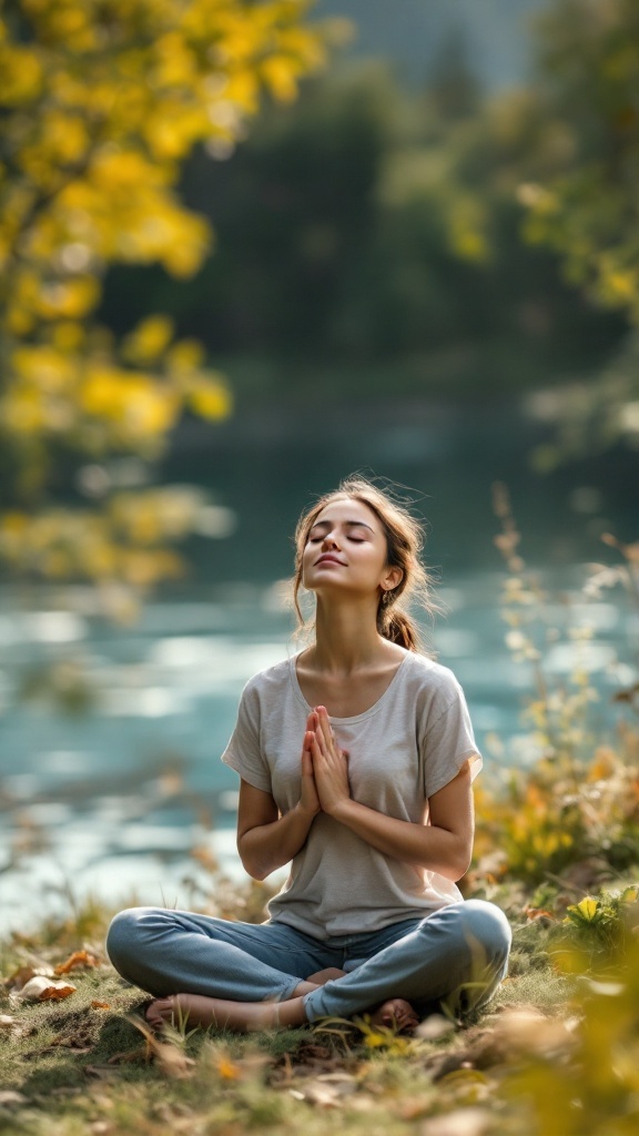A woman meditating by a calm body of water, surrounded by nature.