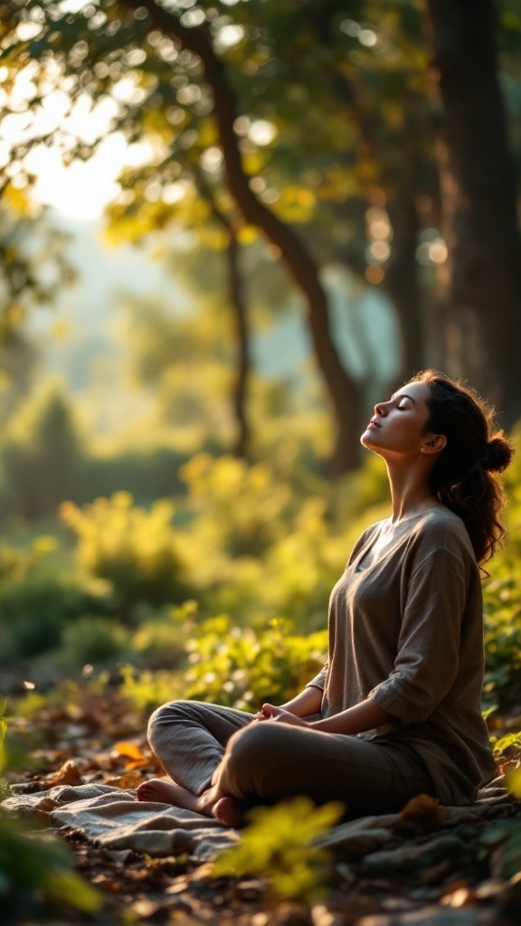 A woman meditating in nature, embodying mindfulness and tranquility.
