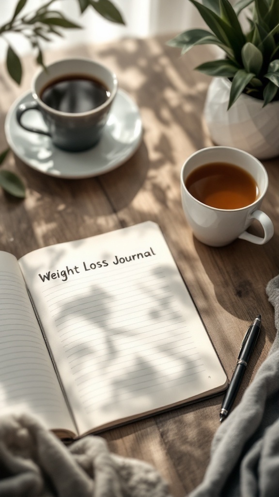 An open weight loss journal with the title 'Weight Loss Journal' on a wooden table, surrounded by coffee cups and a small plant.