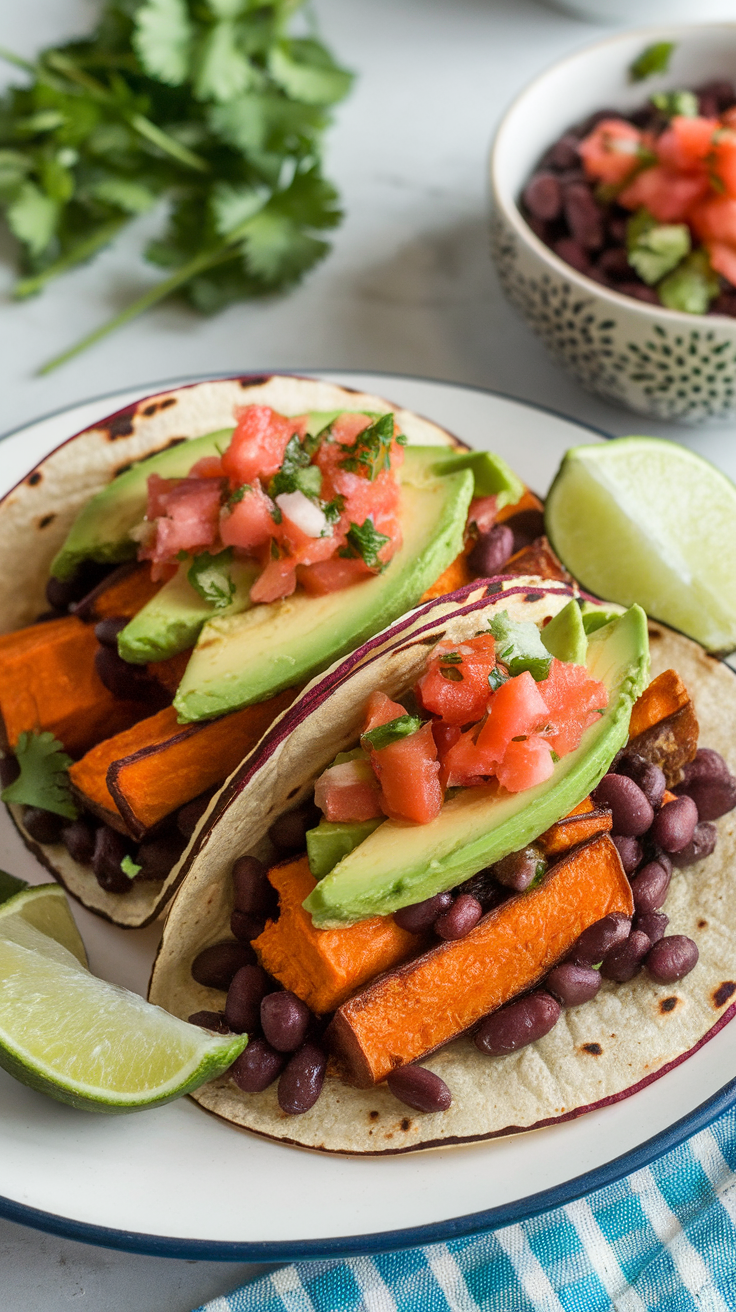 A plate of black bean and sweet potato tacos topped with avocado and pico de gallo, with lime wedges on the side.