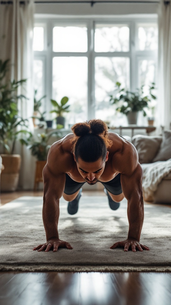 A person doing push-ups on a rug in a sunlit living room.