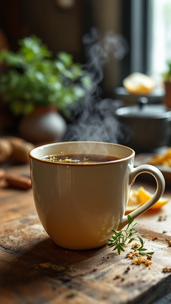 A steaming cup of bone broth with herbs, placed on a wooden table.