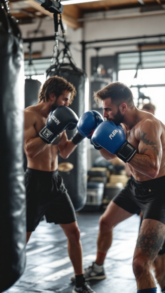 Two men sparring in a boxing gym