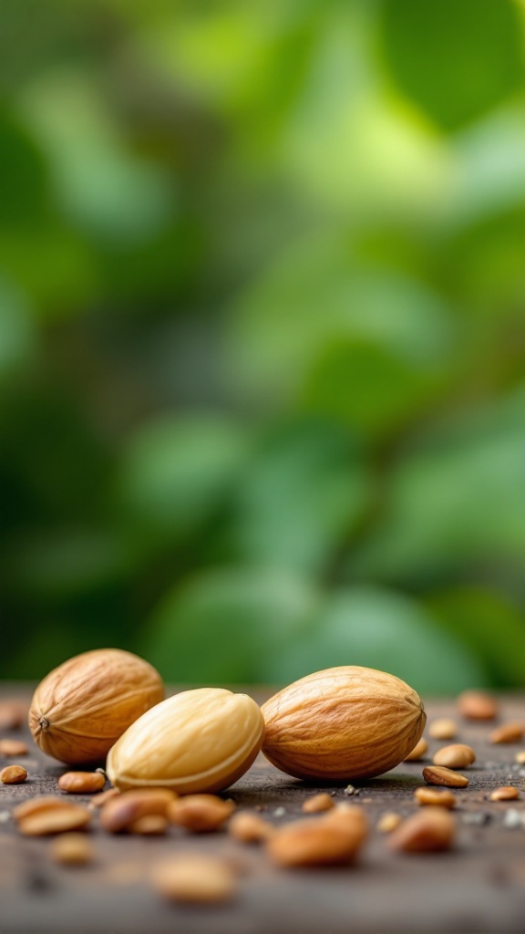 A close-up of Brazil nuts on a wooden surface with a blurred green background.