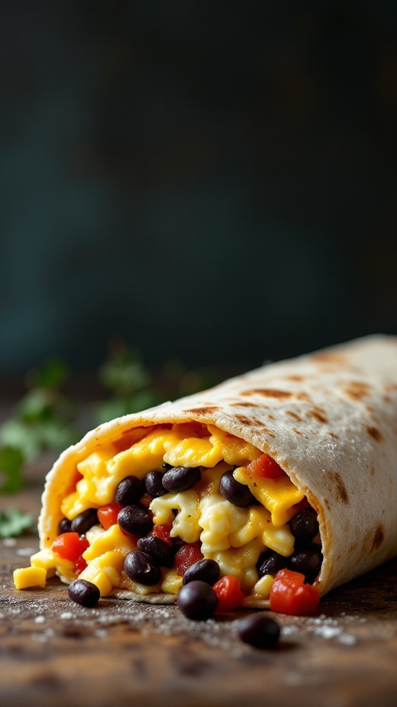 A delicious breakfast burrito filled with black beans, scrambled eggs, and diced tomatoes, wrapped in a tortilla.