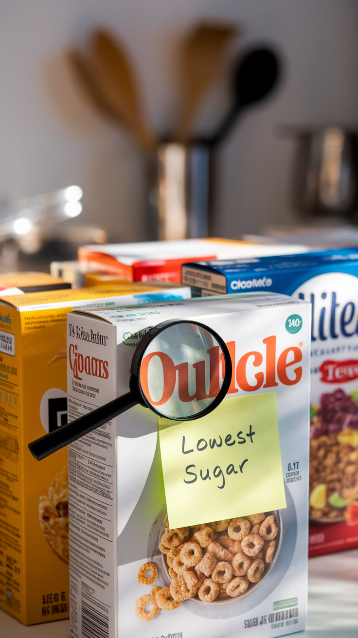 Cereal box with a note saying 'Lowest Sugar' highlighted by a magnifying glass