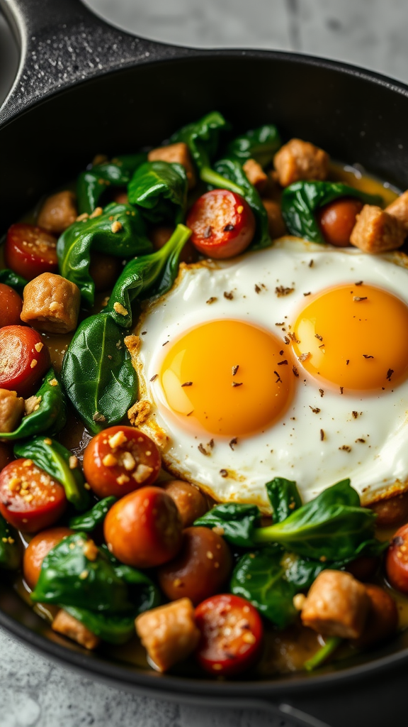 A skillet with eggs, spinach, and sausage, showcasing a hearty breakfast dish.