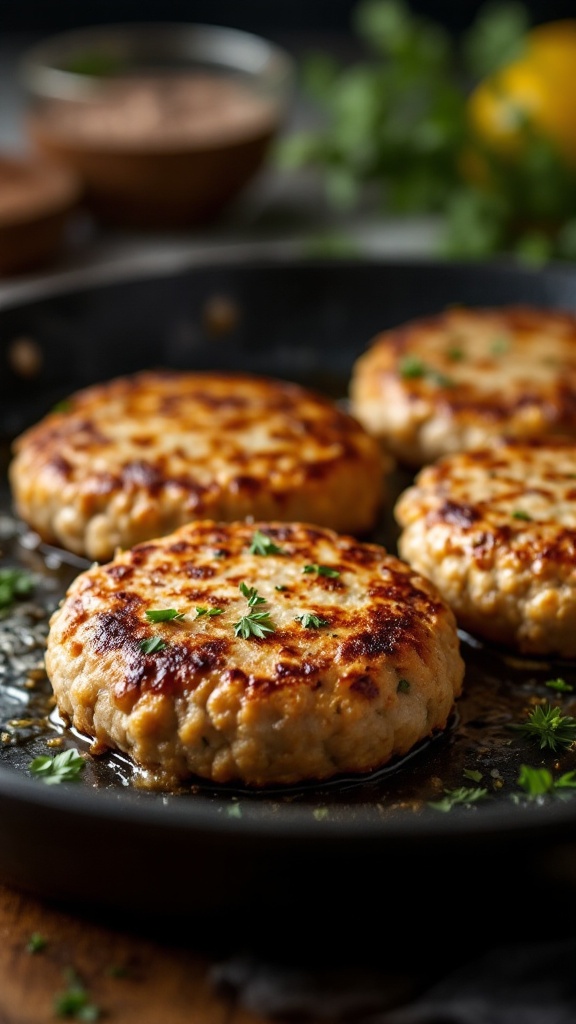 Golden brown breakfast sausage patties in a skillet with fresh herbs on top.