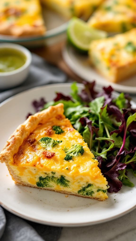 A slice of broccoli and cheddar quiche on a plate with a side salad and lime wedges