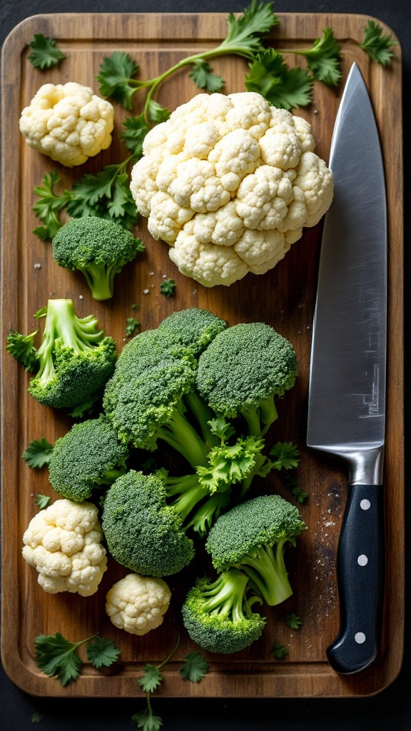 A wooden cutting board featuring fresh broccoli, cauliflower, and a sharp knife surrounded by cilantro.