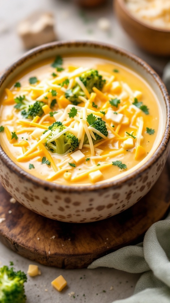 A bowl of creamy broccoli cheddar soup topped with cheese and broccoli.