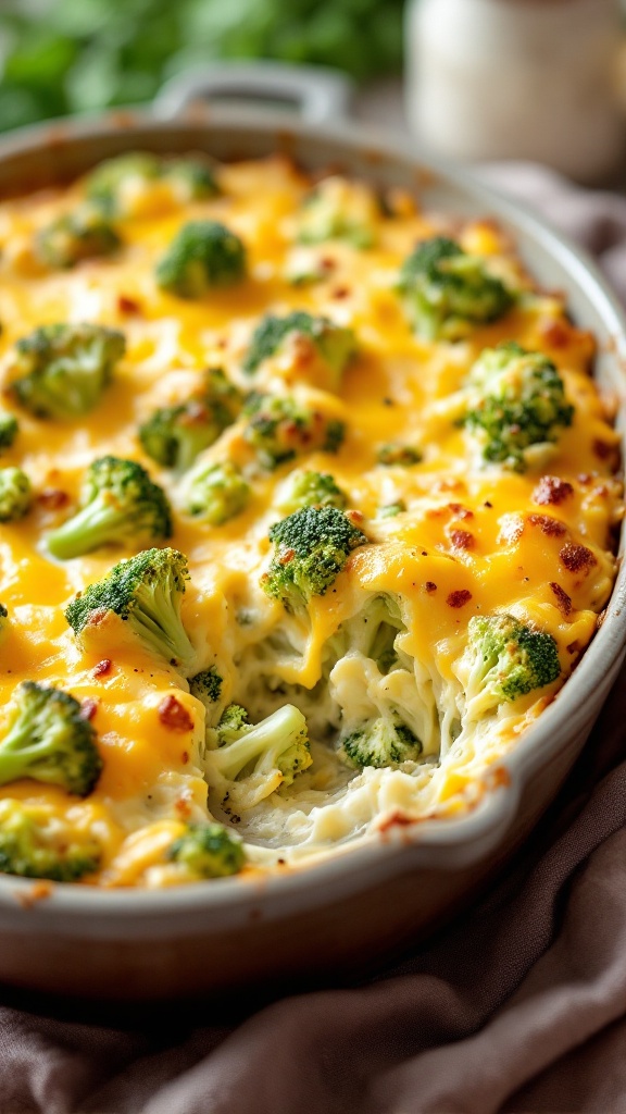 A delicious broccoli cheese casserole with a golden, cheesy top and vibrant green broccoli.