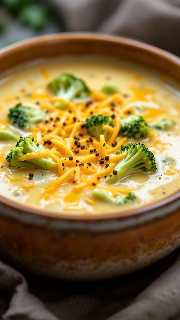 A close-up view of a bowl of broccoli cheese soup, garnished with cheddar cheese and broccoli florets.