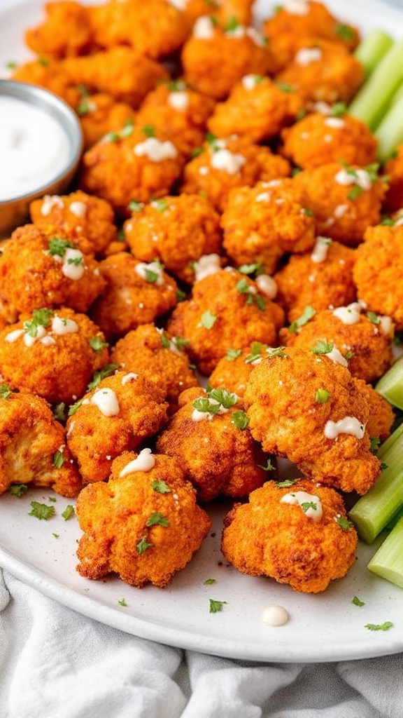 A plate of golden buffalo cauliflower bites with dipping sauce and celery sticks