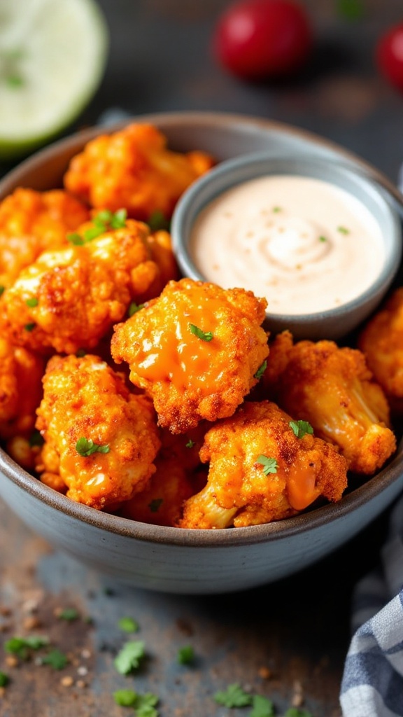 A bowl of crispy buffalo cauliflower bites served with a creamy dipping sauce.