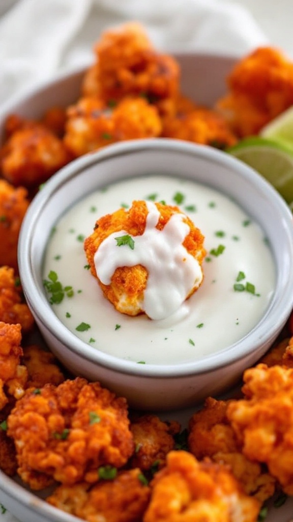 A bowl of buffalo cauliflower bites with a creamy dip in the center, garnished with herbs.