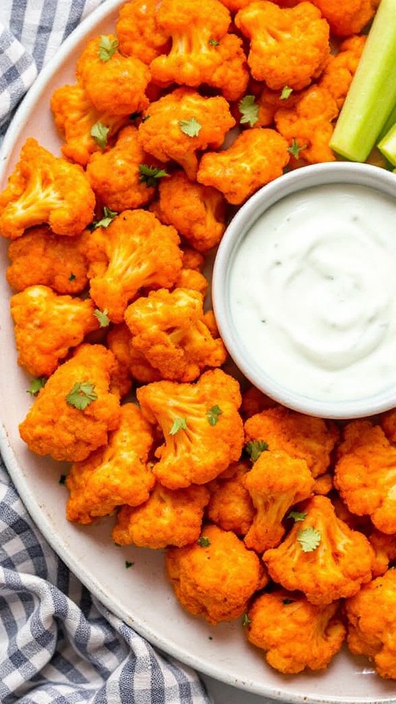 A platter of buffalo cauliflower bites with a bowl of ranch dressing and celery sticks.