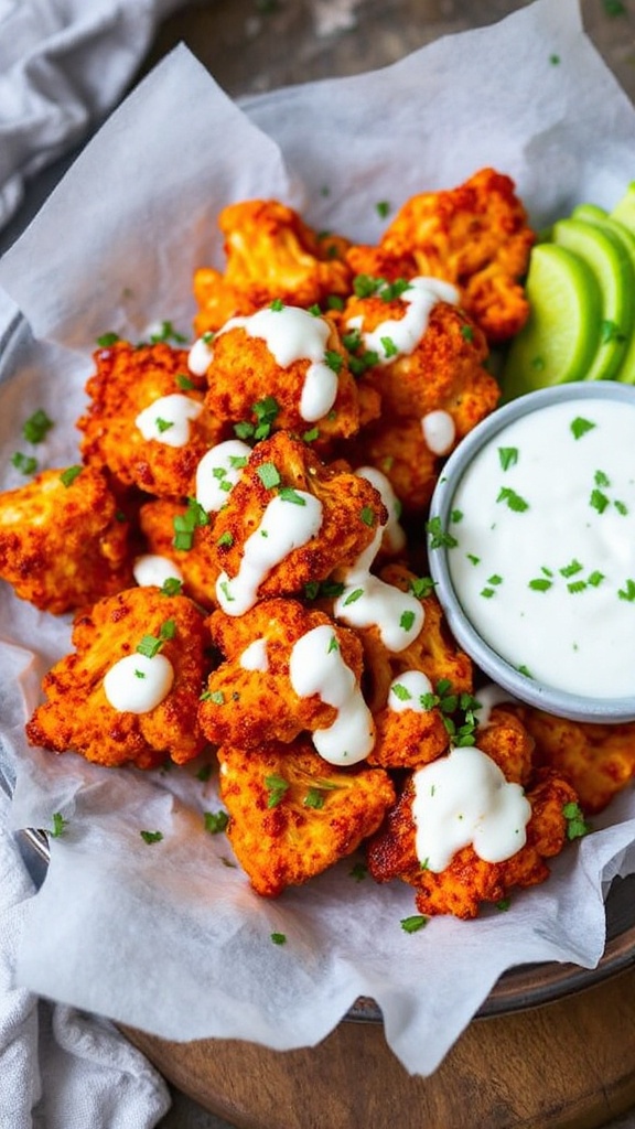 A plate of crispy buffalo cauliflower bites with dipping sauce and lime wedges