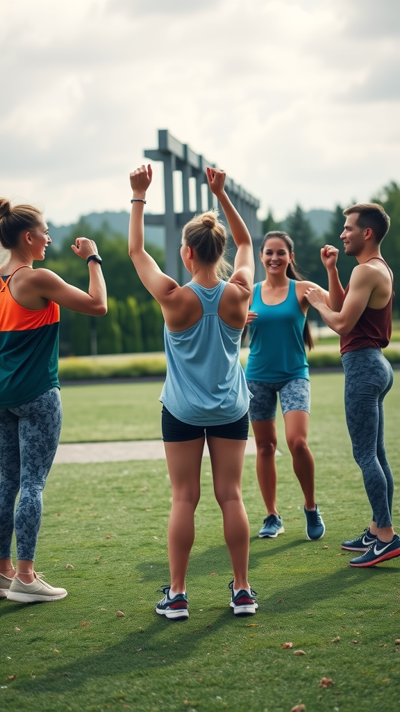 A group of friends celebrating in a park after a workout.