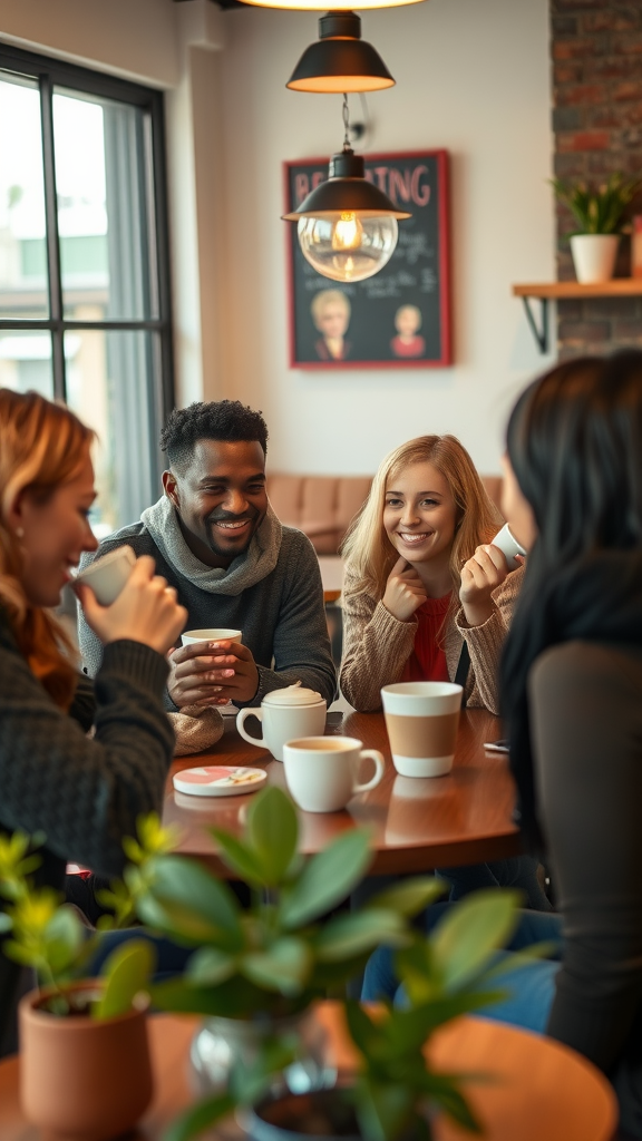 Group of friends enjoying coffee together in a cozy café