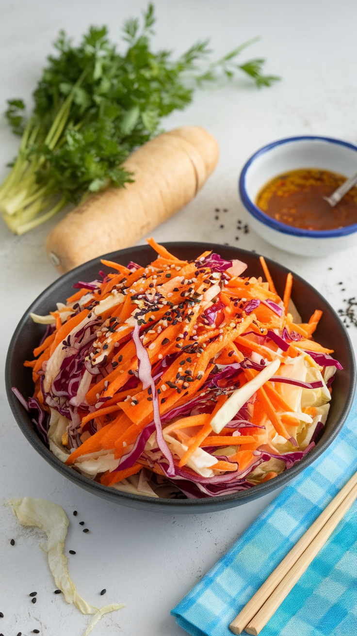 A bowl of colorful cabbage and carrot slaw topped with sesame seeds, accompanied by fresh herbs and a small bowl of dressing.